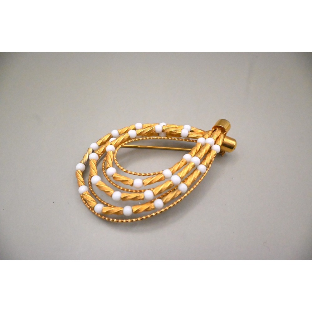 Vintage Vendome Signed Brooch Gold Tone White Milk Glass Bead Teardrop Loop Pin